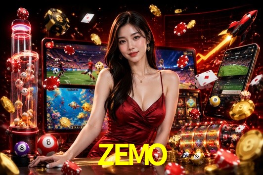 Escena dinámica inspirada en casino con iluminación ZEMO, cartas, fichas e íconos de juegos digitales en un espacio moderno de juegos.