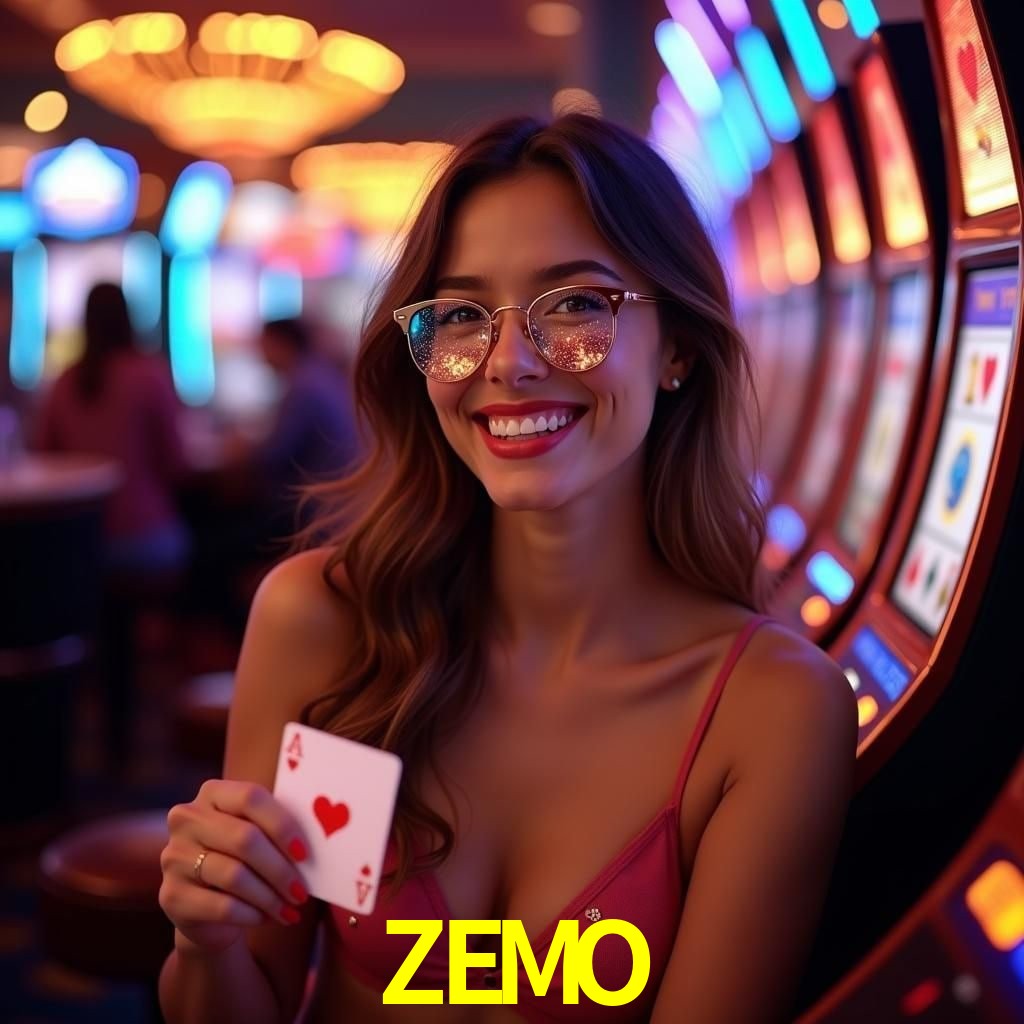 Una escena digital vívida inspirada en casino con ZEMO mostrado prominentemente, luces brillantes, fichas, cartas y acentos dorados.